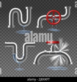 Éclatement de pipeline et gouttes et éclaboussures d'eau réalistes 2x2 concept isolé sur une illustration vectorielle transparente en arrière-plan Illustration de Vecteur