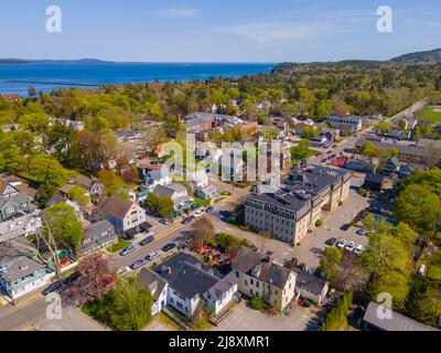 Bar Harbour centre-ville historique vue aérienne sur main Street, Bar Harbor, Maine ME, Etats-Unis. Banque D'Images