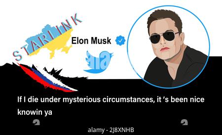 Le 9 mai 2022, Elon Musk a publié un nouveau tweet sur la mort dans des circonstances mystérieuses. Illustration vectorielle éditoriale Elon Musk Banque D'Images