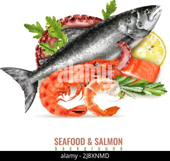 Ingrédients de cocktails de fruits de mer composition réaliste avec poisson de saumon frais entier illustration vectorielle de crevettes octopus tentacule aux herbes citronnées Illustration de Vecteur