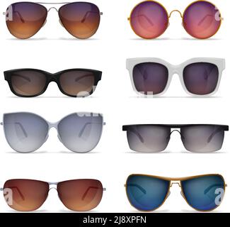 Ensemble de huit lunettes de soleil isolées images réalistes avec lunettes de soleil modèles de formes et de vecteurs de couleur différents Illustration de Vecteur