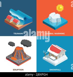 Catastrophes naturelles concept isométrique avec tsunami éruption volcan neige illustration vectorielle isolée automne et réchauffement climatique Illustration de Vecteur