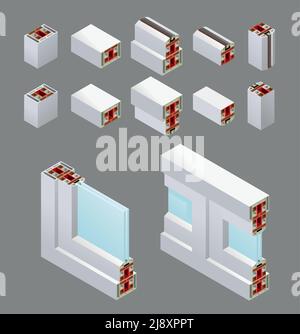 Fenêtres en PVC éléments de cadre isométriques coupés avec verre isolé sur l'illustration vectorielle d'arrière-plan gris Illustration de Vecteur