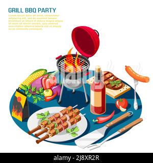 Composition d'arrière-plan isométrique de la fête barbecue avec texte modifiable et table d'examen avec illustration vectorielle d'aliments pour barbecue Illustration de Vecteur