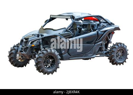 Noir : un formidable kart tout-terrain avec un empattement et une suspension puissants. Isolé sur fond blanc. Banque D'Images