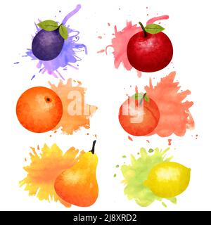 Ensemble d'icônes aquarelle de fruits et de baies isolées avec des taches colorées illustration vectorielle sur fond blanc Illustration de Vecteur