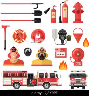 Ensemble d'icônes colorées isolées pour pompier avec outils et accessoires et véhicules pour l'illustration du vecteur de lutte contre l'incendie Illustration de Vecteur