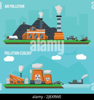 Deux bannières horizontales de pollution de l'environnement avec descriptions de l'air illustration du vecteur de pollution et d'écologie de la pollution Illustration de Vecteur