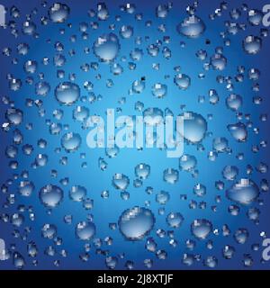 Modèle réaliste de gouttes d'eau transparentes avec gouttes de pluie de formes différentes sur l'illustration vectorielle sur fond bleu Illustration de Vecteur