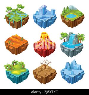 Îles de jeu d'ordinateur isométrique ensemble avec arbres de sécheresse et illustration vectorielle isolée de montagnes et de chutes d'eau Illustration de Vecteur