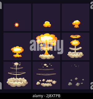 Effets d'explosion à différents stades icônes ensemble avec des cercles de illustration vectorielle isolée fumée sur fond sombre Illustration de Vecteur