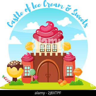 Composition avec paysage de dessins animés avec fabuleux château en glace crème et bonbons et illustration vectorielle de texte modifiable Illustration de Vecteur
