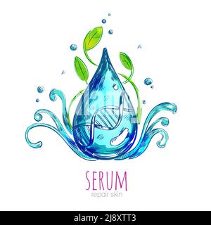 Composition de réparation de peau de crème de sérum avec image d'esquisse de détaillée gouttelettes avec feuilles organiques et illustration du vecteur d'adn Illustration de Vecteur