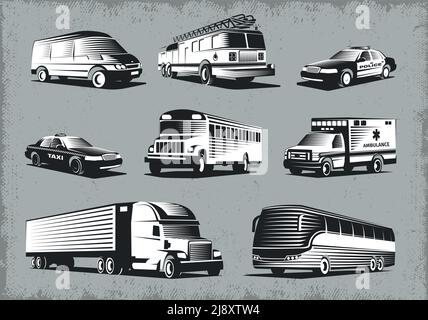 Des images modernes de style rétro pour les transports publics et d'urgence différents types de véhicules sur l'illustration vectorielle d'arrière-plan grunge Illustration de Vecteur