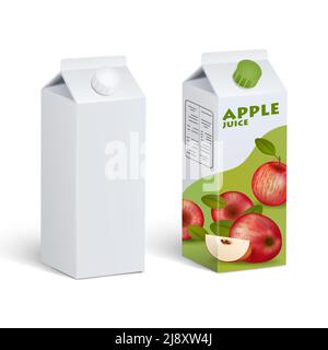 Images isolées réalistes de deux boîtes en carton Tetra pak similaires nettoyer et avec une étiquette de jus de pomme avec des ombres sur le blanc illustration vectorielle d'arrière-plan Illustration de Vecteur