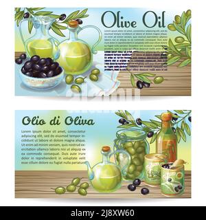 Deux concepts horizontaux sont définis avec du texte modifiable à l'huile d'olive arrière-plan dessiné avec des olives sur l'illustration vectorielle en bois Illustration de Vecteur