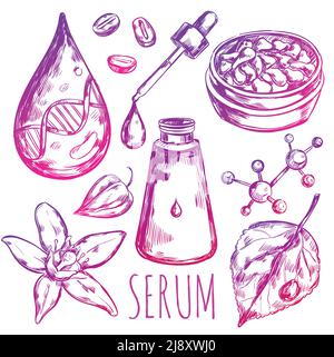 Ensemble d'éléments de crème à gouttes de sérum avec des images d'esquisse isolées de illustration du vecteur de l'humidité des molécules d'emballage et des feuilles mûres Illustration de Vecteur