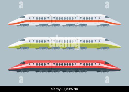 Collection Flat Modern High-speed trains de différentes couleurs sur le gris illustration vectorielle isolée en arrière-plan Illustration de Vecteur