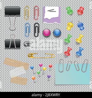 Kit d'accessoires de bureau avec broches et agrafes papier note et clips scotch et aimants illustration de vecteur isolé Illustration de Vecteur