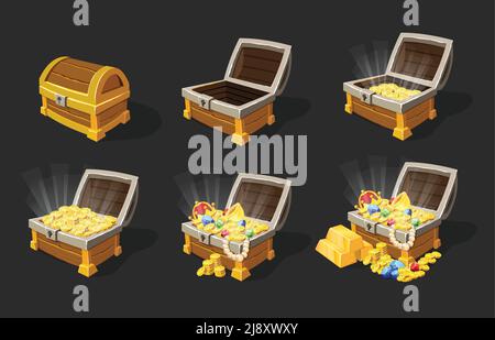 Jeu d'animation de coffres de Trésor isométriques avec fermé vide plein de or coins bars bijoux boîtes illustrations vectorielles isolées Illustration de Vecteur