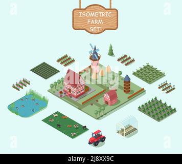 Éléments de ferme isométriques avec moulin à vent maison champs d'arbres de grange légumes fleurs animaux tracteur serres foin piles vecteur isolé illustrateur Illustration de Vecteur