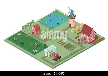 Concept d'agriculture isométrique avec bâtiments jardin légumes fleurs champs tracteur de canards de vaches et illustration de vecteur de serre Illustration de Vecteur