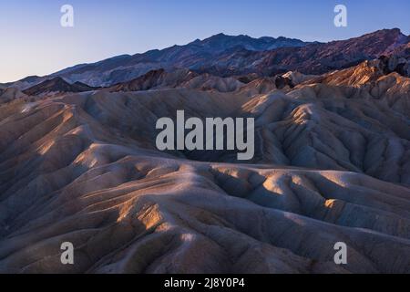 Les Badlands et les Black Mountains illuminent lavande et or avec une lumière matinale à Zabriske point dans le parc national de la Vallée de la mort, en Californie. Banque D'Images