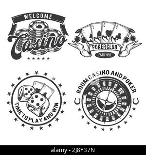 Jeu d'éléments de casino (cartes, jetons et roulette) emblèmes, étiquettes, badges, logos. Isolé sur blanc Illustration de Vecteur
