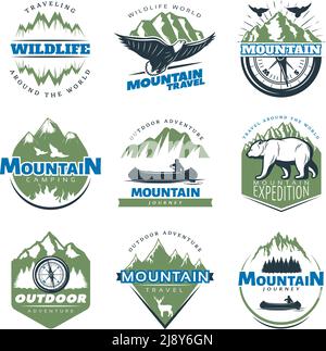 Aventures en plein air et tourisme logos colorés avec montagnes pics et illustration du vecteur isolé des roches Illustration de Vecteur