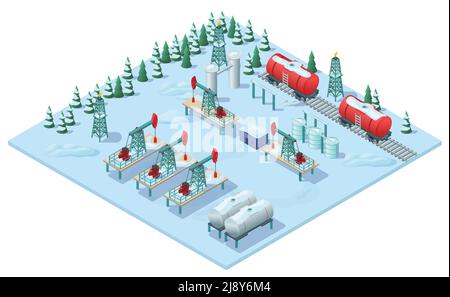 Modèle isométrique d'usine d'extraction de pétrole avec réservoirs industriels de forage des tours électriques de barils de pétrole sur illustrateur de paysage enneigé Illustration de Vecteur