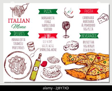 Le menu du restaurant italien propose des plats traditionnels et des boissons nationales cuisine en dessin vectoriel Illustration de Vecteur