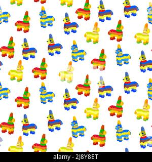 Pinata coloré jouet traditionnel mexicain. Motif sans couture avec adorable pinata en forme d'âne sur fond blanc. Pinata à rayures vives. Tissu à motif vectoriel, papier peint, etc Illustration de Vecteur