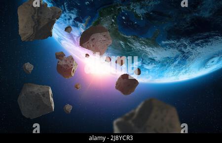 Astéroïdes près de la planète Terre. Une vue du monde depuis l'espace. Les éléments de cette image sont fournis par la NASA Banque D'Images