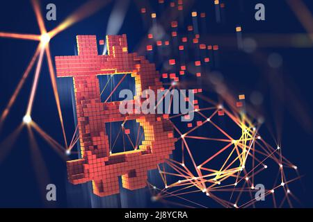 Illustration Bitcoin 3D. Concept futuriste de la crypto-monnaie minière. Symbole de pixel lumineux sur fond sombre Banque D'Images