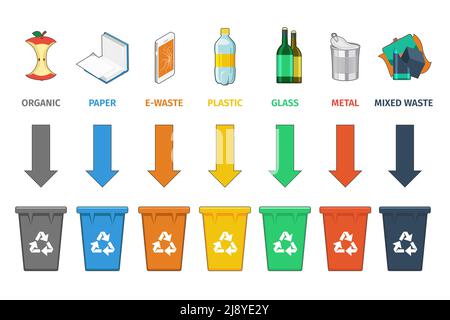 Séparation des bacs de recyclage. Concept de vecteur de gestion des déchets. Déchets et déchets, déchets de concept d'affiche, conteneur et bidon. Illustration vectorielle Illustration de Vecteur