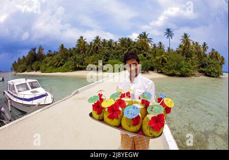 Le serveur maldivien sert sur la jetée des boissons de bienvenue pour les nouveaux arrivées, île maldivienne de Biyadhoo, South Malé Atoll, Maldives, océan Indien, Asie Banque D'Images