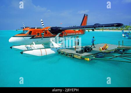 Maldivian avion de taxi aérien, transfert commun de l'aéroport aux stations de l'île, atterrissage dans le lagon de l'île, Kuredu, l'atoll de Laviyani, Maldive Banque D'Images