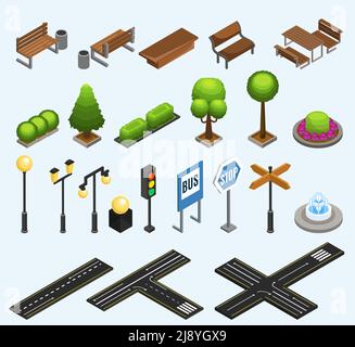 Collection Isométrique City Elements avec bancs poubelles plantes poteaux lanternes feux de circulation fontaine signalisation routière illustrations vectorielles isolées Illustration de Vecteur