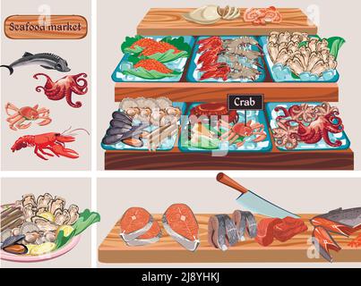 Composition plate du marché des fruits de mer avec caviar de crabe octopus d'esturgeon moules crevettes crevettes crevettes pétoncles calmars saumon de la zander hareng poissons viande sur c Illustration de Vecteur