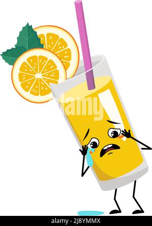 Smoothie orange avec caractère de fruit et de paille avec des pleurs et des larmes émotions, visage triste, yeux dépressifs, bras et jambes. Boisson saine dans le verre mélancolie expression et pose. Illustration vectorielle plate Illustration de Vecteur