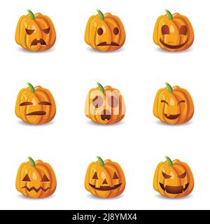 Ensemble de neuf icônes isolées de citrouille d'halloween avec émotions emoji émoticônes avec ombres sur illustration vectorielle d'arrière-plan vide Illustration de Vecteur