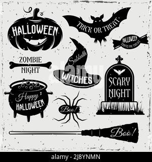 Éléments monochromes Halloween avec devis ensemble d'attributs de vacances traditionnels les textes sur l'arrière-plan de la texture ont isolé l'illustration du vecteur Illustration de Vecteur