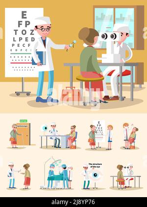 Traitement médical composition en ophtalmologie avec consultation diagnostic de test de signe oculaire illustration vectorielle des procédures chirurgicales de correction optique Illustration de Vecteur