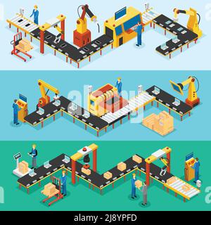 Banderoles horizontales isométriques d'usine industrielle avec lignes de production automatisées illustration vectorielle des processus d'assemblage et d'emballage Illustration de Vecteur