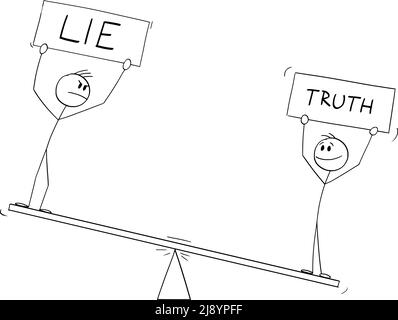 Deux personnes sur les balances tenant des signes de mensonge et de vérité , Illustration de la figure de bâton de dessin vectoriel Illustration de Vecteur