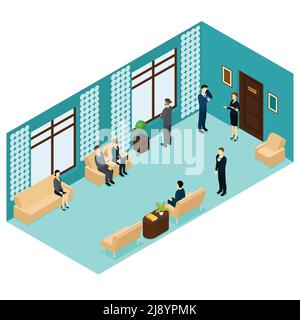 Modèle de recrutement de personnel humain isométrique avec des personnes en attente d'emploi entretien près de l'illustration vectorielle de la salle de bureau Illustration de Vecteur