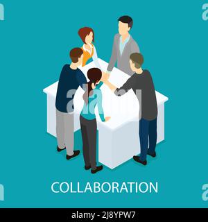 Modèle isométrique de partenariat commercial et de collaboration avec les personnes qui font le travail d'équipe illustration du vecteur isolé de connexion des mains au niveau de la table Illustration de Vecteur