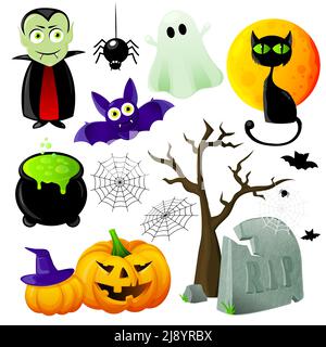 Ensemble de symboles Halloween avec lanterne vampire de chat de jack et illustration vectorielle isolée de chaudron de chaudron et de spiderwebs Illustration de Vecteur