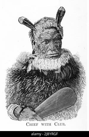 Portrait gravé d'un chef maori avec club de guerre Banque D'Images
