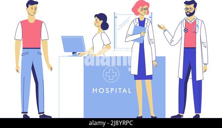 Jeunes médecins hommes et femmes à l'hôpital d'accueil. Consultation et diagnostic médical pour les personnes malades. Personnel médical à l'intérieur de la clinique. Vecteur Ill Illustration de Vecteur